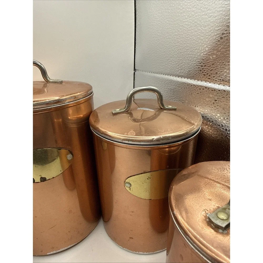 Vintage Copper Canister Set with Lids Nesting Flour Sugar Coffee Tea